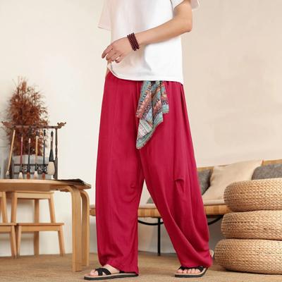 Pantalons en lin style chinois pour hommes Harajuku Pantalons décontractés à jambes larges en soie glacée Harlan pour hommes Printemps Été Homme Taille haute Pantalons de danse