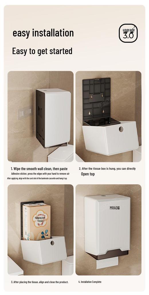 Punch-Free Wall-Mounted Tissue Box Holder for Bathroom, Kitchen, and Living Room