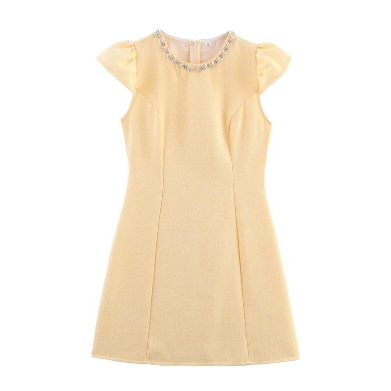 Kaslead New Women clothes Western Style Fashion Simple Heavy Industry Rhinestone Small Flying Sleeve Dress