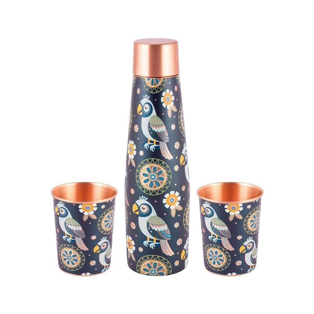 Artistic Copper Bottle & Glass Gift Set with Blue Mandala Print – 900ml Bottle + 2 x 250ml Glasses | Handcrafted Heavy-Gauge Pure Copper Wellness Gift