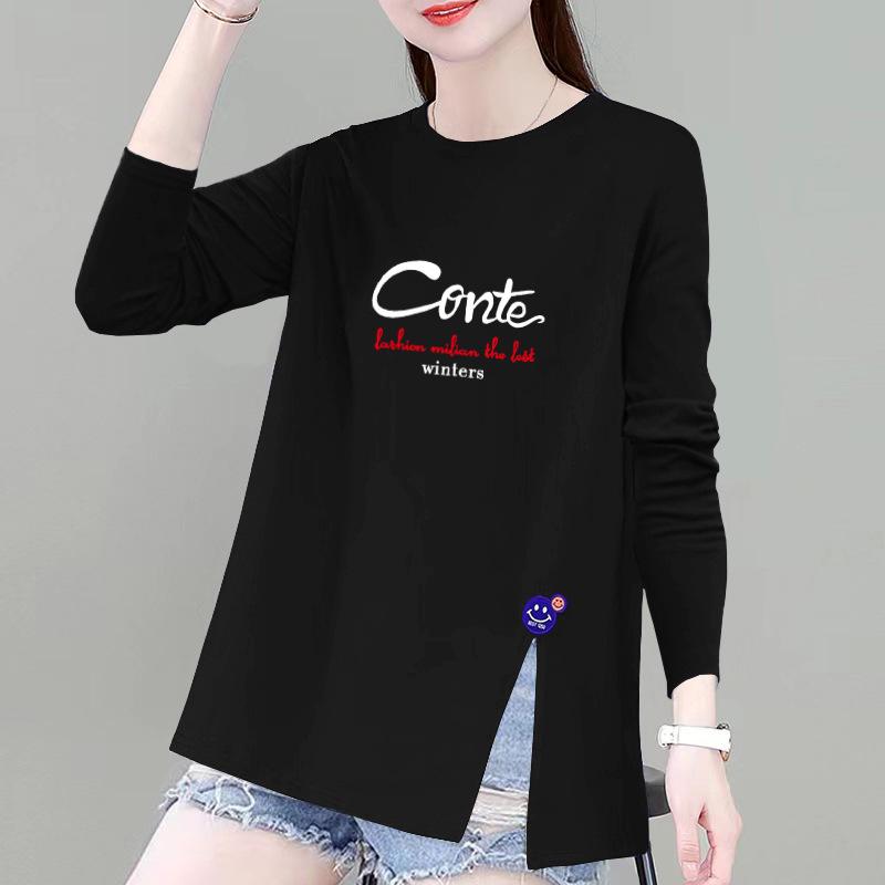 

2025 Women s Pure Cotton Long Sleeve Niche Slit Crew Neck Fashion Top 3XL [Recommended 140-160 lbs]