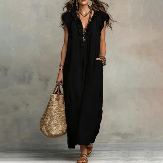 Summer Sleeveless Maxi Dress for Women Casual Deep V Neck Ruffle Long Dress Boho Beach Flowy Sundress with