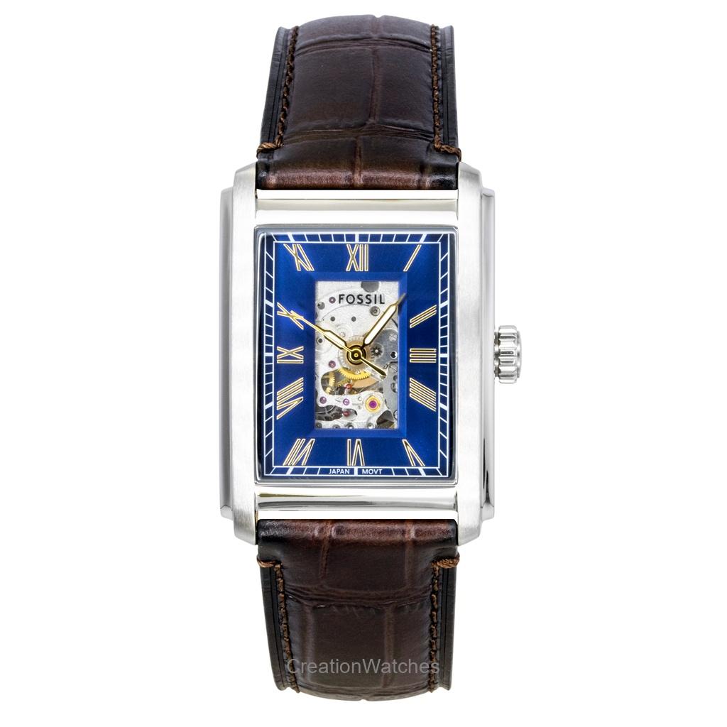 Мужские часы Fossil Carraway ME3273 с ремешком из крокодиловой кожи, открытым циферблатом и синим циферблатом, автоматические синий