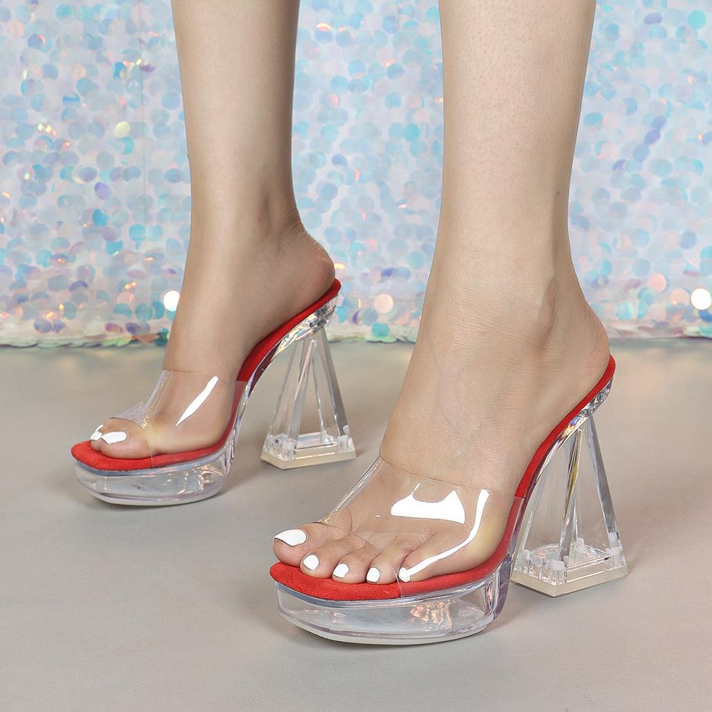 Women's 12CM Fashion Car Model Heels - Sexy Transparent Thick Heel Crystal Slippers, Non-Slip Square Toe Wedding & Party Shoes