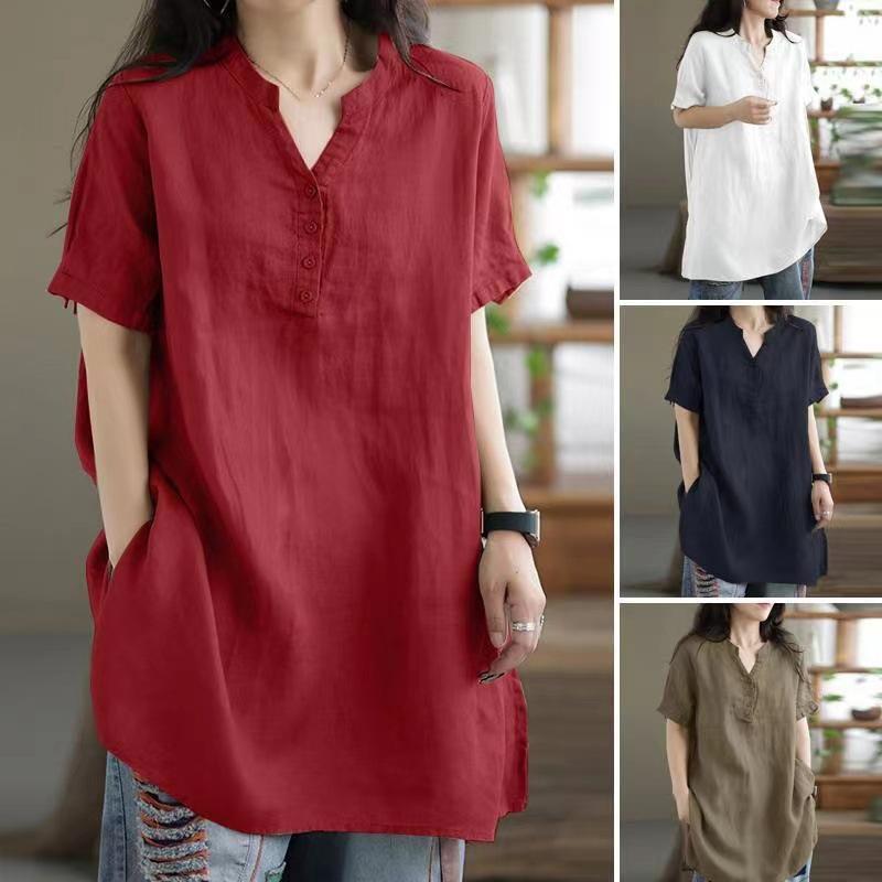 Spring Summer Cotton and Hemp Women's Shirt Commuting Style Casual Half Open Short Sleeve Casual Shirt Top