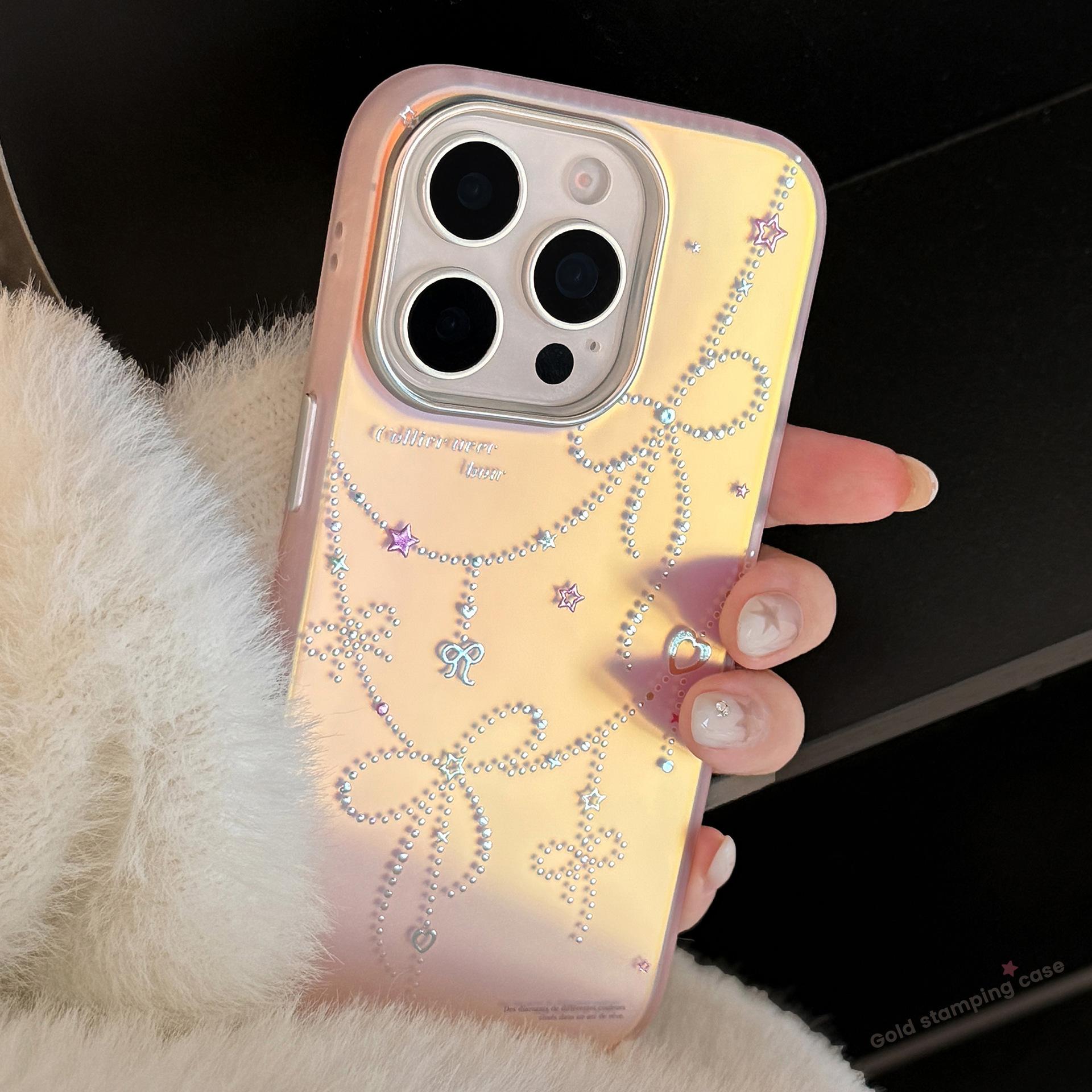 

Gilded Princess Style for IPhone17 Phone Case 15 Pink Laser Bow 16 Promax Anti Drop 13 Hard 11