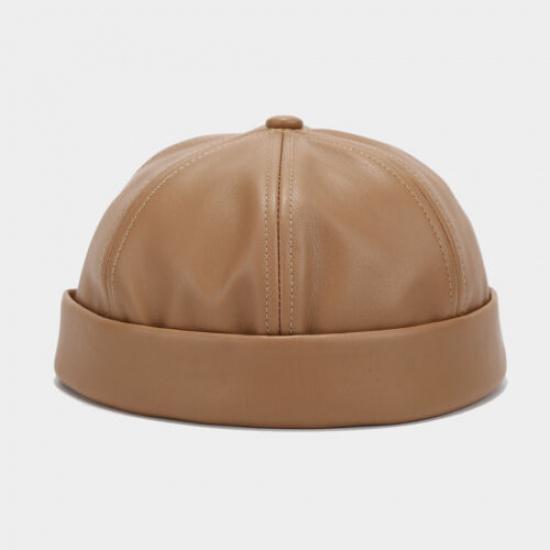 Women Men Faux Leather Docker Cap Hat Round Top Brimless Design Hat Solid Color