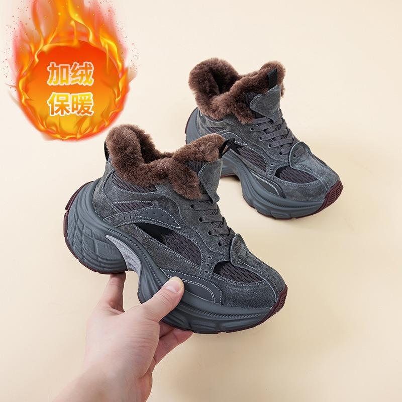 Winter New Thick-soled Women's Black Heightening Plush Casual Fluffy Shoes Muffin Sneakers