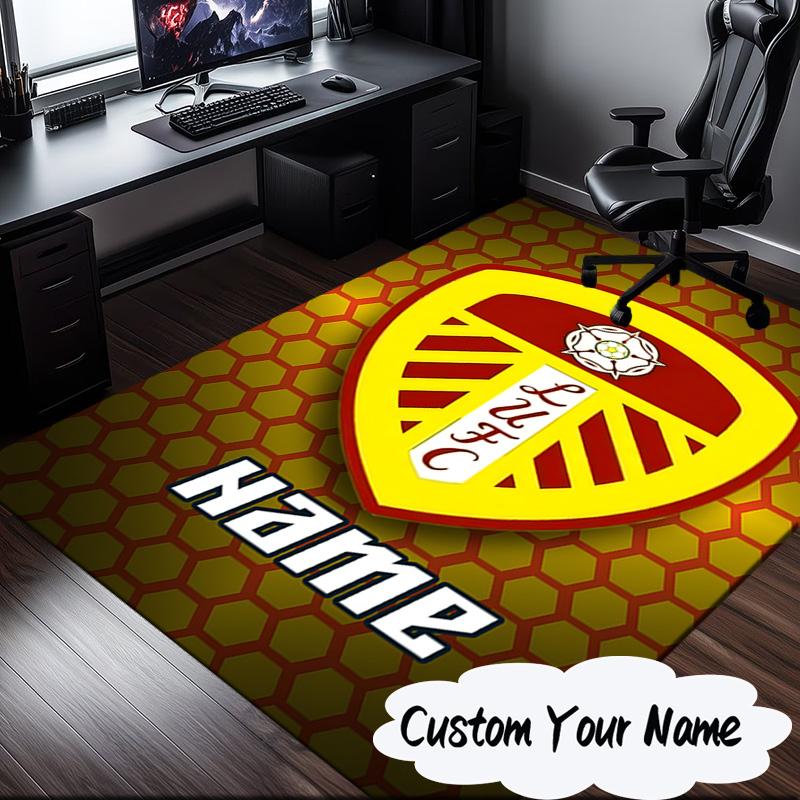Custom Name Leeds Football Crest Rug for Living Room, Game Rooms, Office, Bedroom, Floor Mat Playful Design, Fan Gifts Christmas Decor