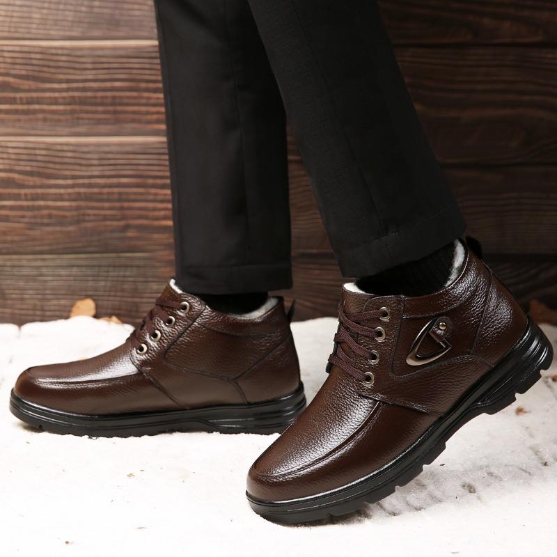 Men's high-top cotton shoes men's velvet wool winter warm men's shoes leather practical snow boots medium old dad shoes
