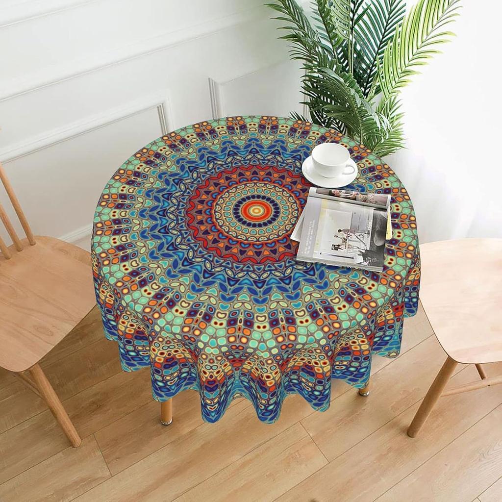 Rustikaler Bunter Boho Mandala Kreis Tischdecke - Wasserdichte Bauernhaus Feiertags Party Picknick Abdeckung