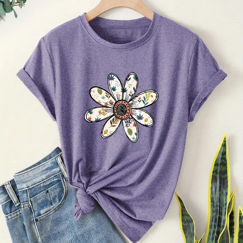 Women Summer T Shirt Retro Fashion Short Sleeve Tees Casual Flower Printed  Tops