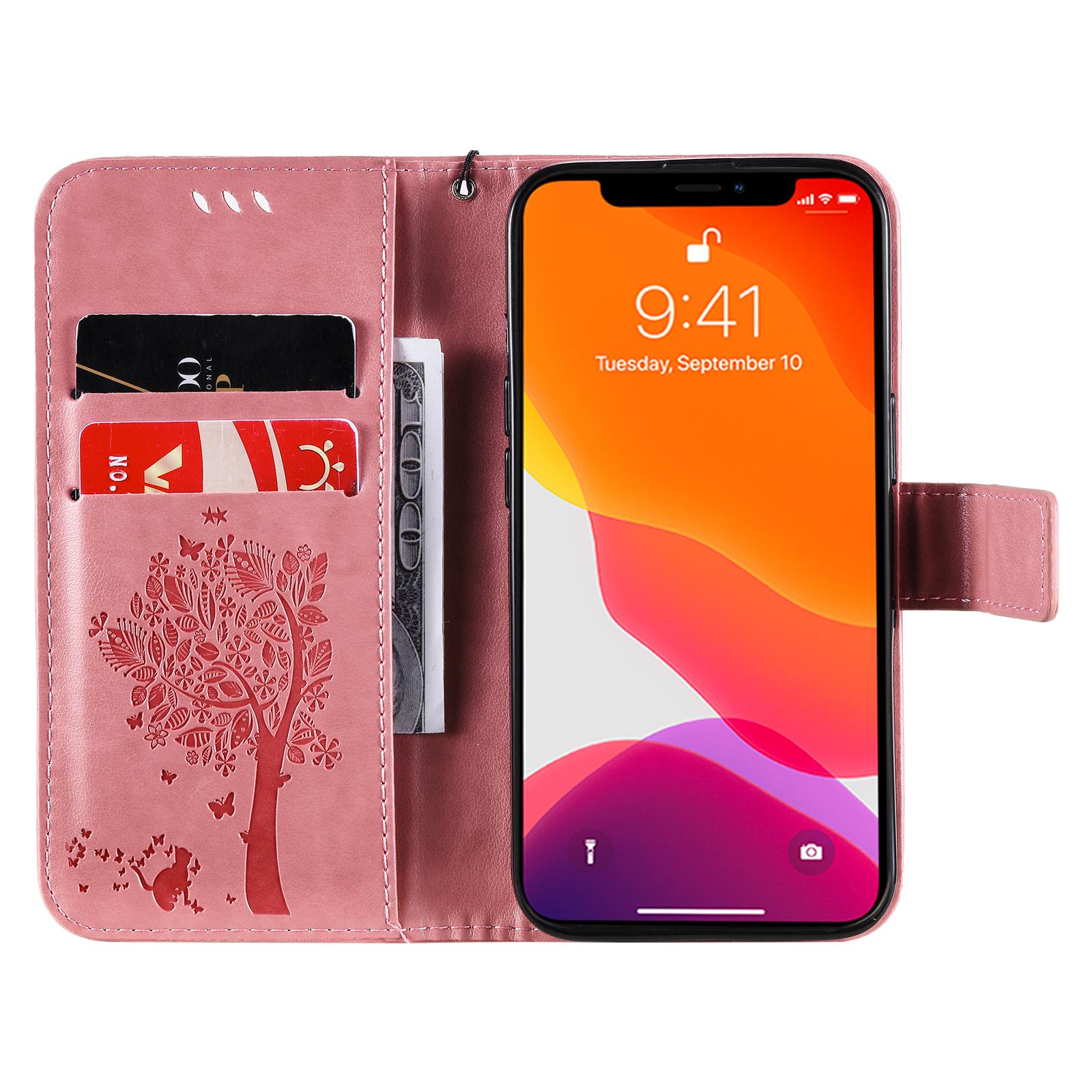 

For iPhone 15 Phone Case with Stand Cat Tree Pattern Leather Wallet Mobile Cover Pink