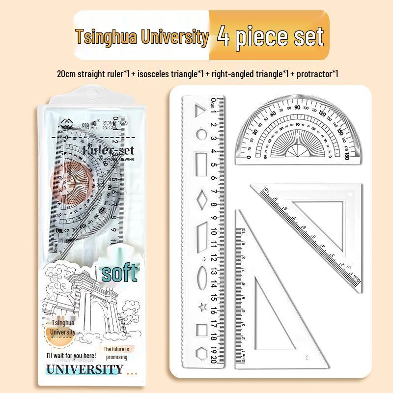 Four-Piece Student Geometry Set: Includes Transparent Set Square, Triangle Ruler (15cm, 20cm), Straight Ruler - Ideal for Exams.