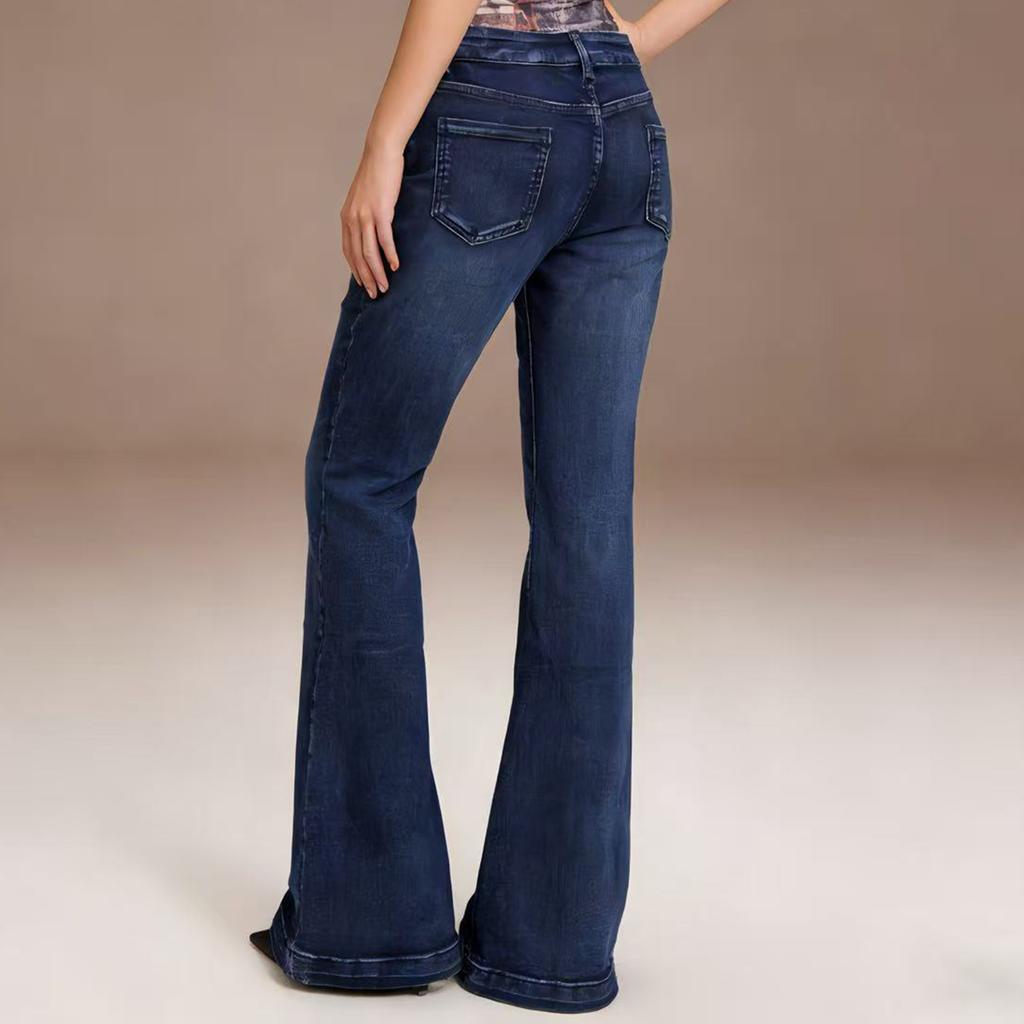 Women's Mid- Stretch Jeans Fashion Straight Leg Denim Pants With Pockets