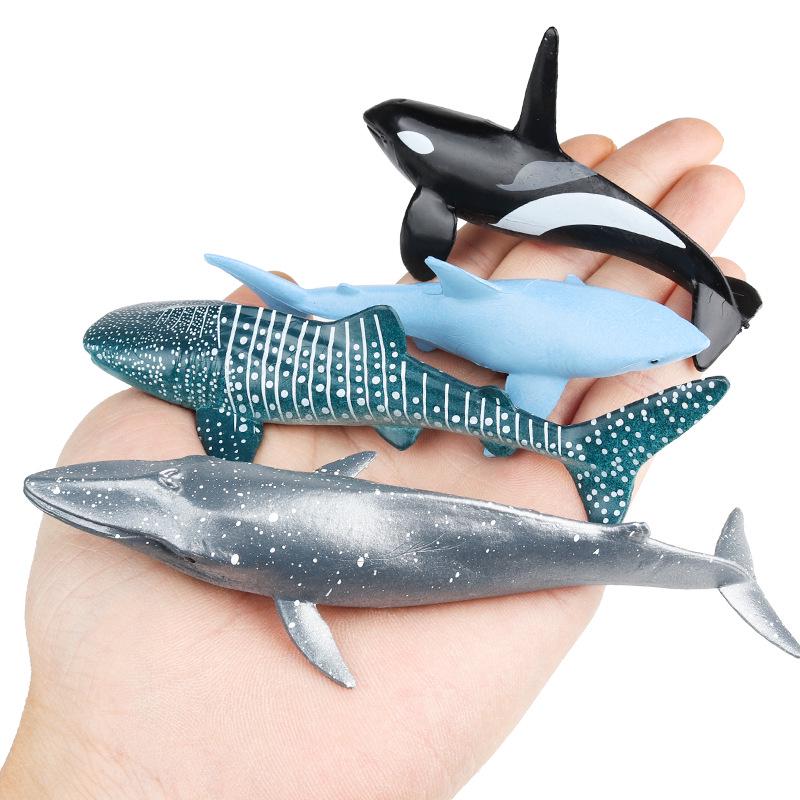 Marine Animal Model Set: Blue Shark, Orca, Whale, Gray Whale Figurines for Baby Cognitive Play