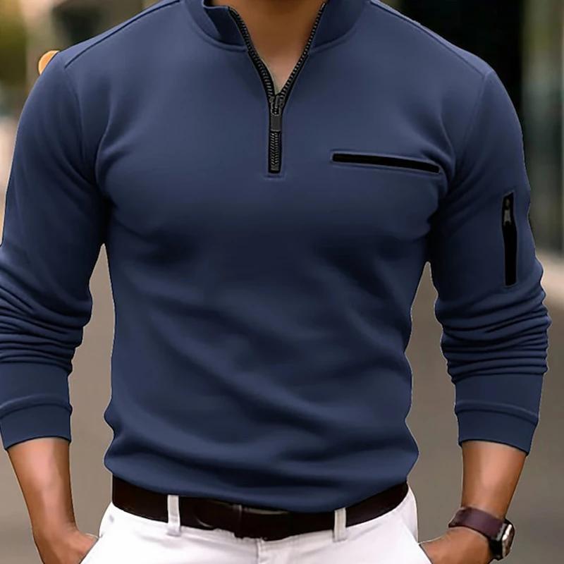 Frühlingsmode Reißverschluss Design Poloshirts 2025 Lässig Einfarbige O-Ausschnitt T-Shirts Pullover Mode Herrenbekleidung Langarm