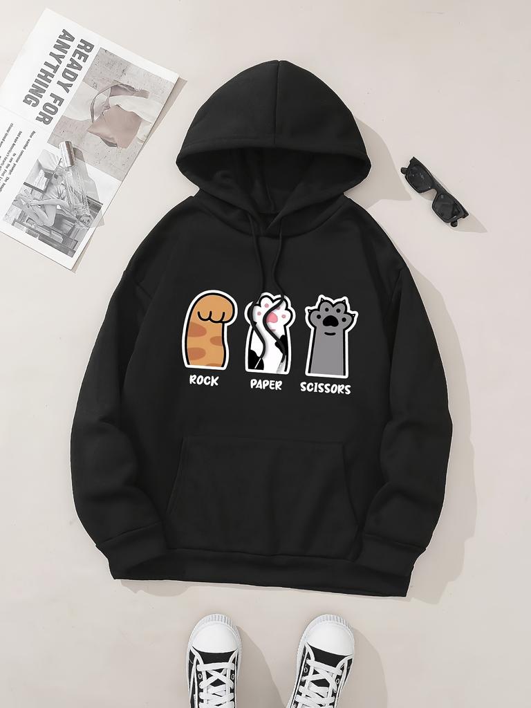 Three Cat Paw Pattern Printed Hoodie, Drawstring Casual Hooded Sweatshirt, Suitable for Winter and Autumn, Women's Clothing