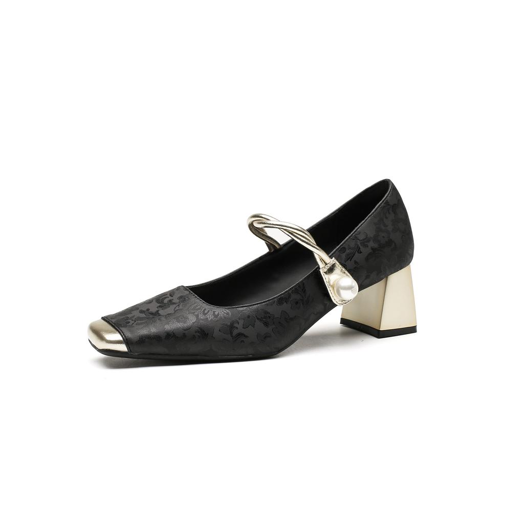 6368-13 Chinese style light luxury embossed silk medium heel single shoes women's 2025 metal square head one-word strap high heels