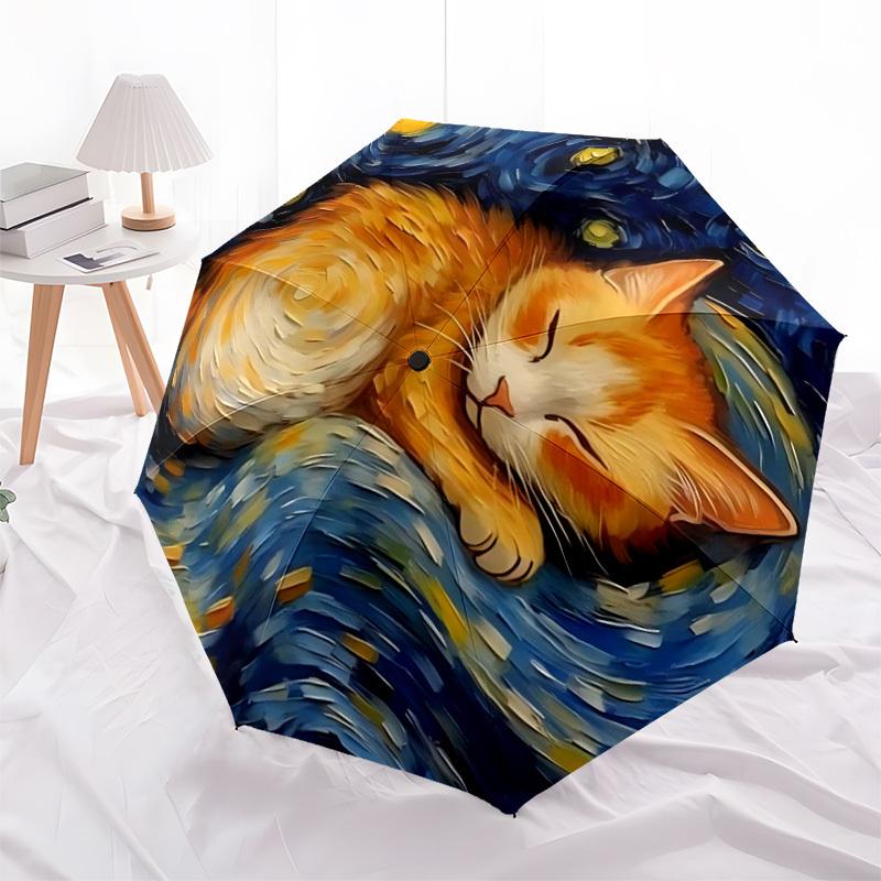 1pc Cat Night Automatic Folding Umbrella - Compact 8-Rib Design, Durable Plastic & Iron, Lightweight for Outdoor Daily Use087