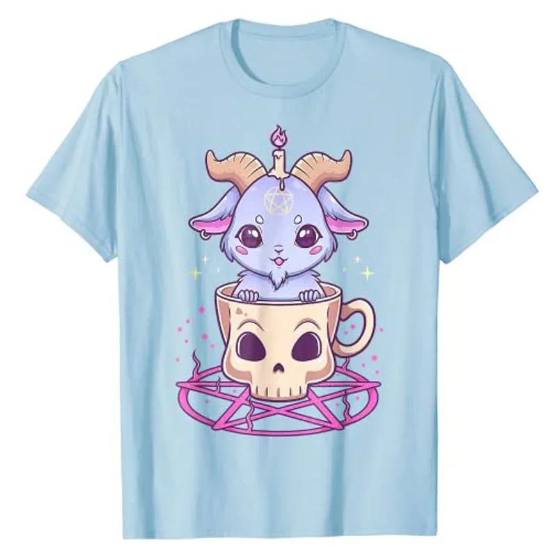 Kawaii Pastel Goth Niedlich Gruselig Pentagramm Baphomet Ziege T-Shirt Anime Manga Liebhaber Grafik T-Shirt Ästhetische Kleidung Halloween Kostüm