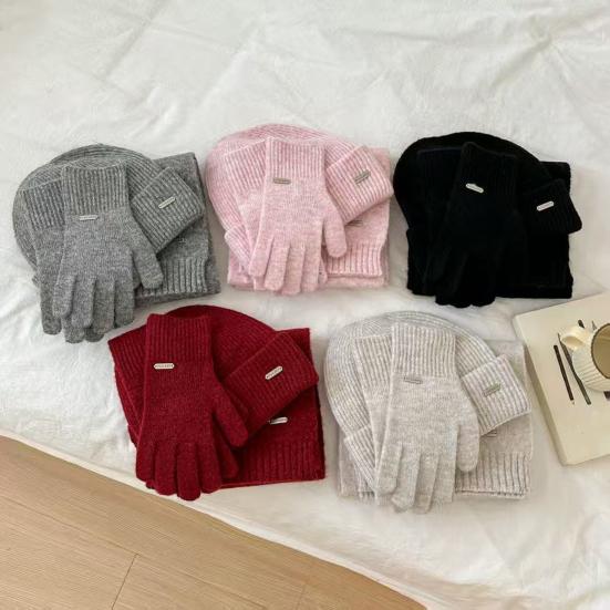 3Pcs/Set Women Hat Scarf Gloves Set Solid Color Ribbed Trim Brimless Hat Long Scarf Warm Gloves Set Winter Accessories