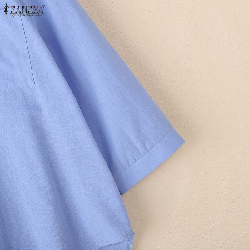 ZANZEA Women Casual V-Neck Solid Color Loose 3/4 Sleeve Cotton Blouse