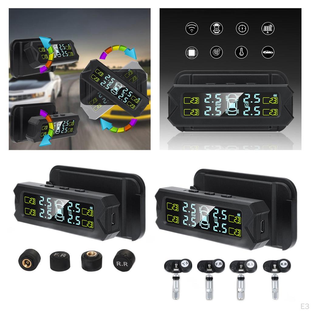 Solar Powered Car Tire Pressure Sensor with Temperature and LCD Display Panel & USB