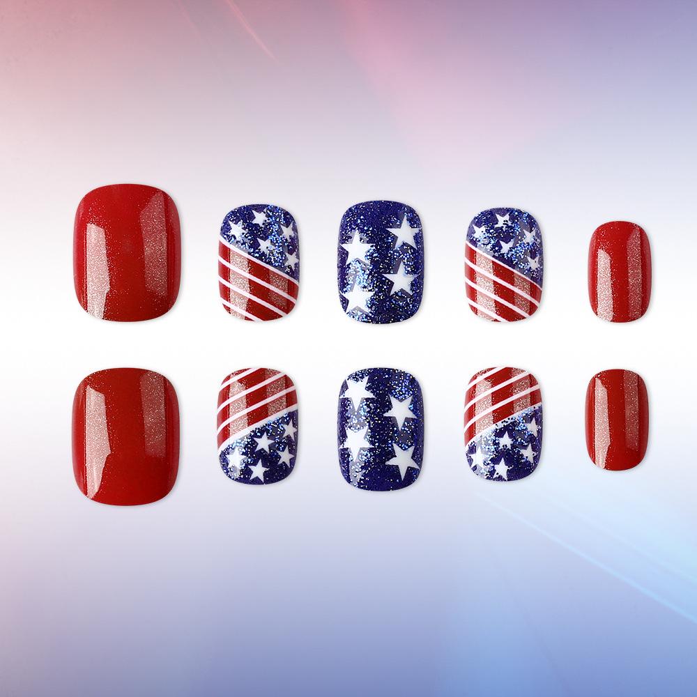 Independence Day Short Round Red & Blue Star Fake Nails Set (24 Pieces)