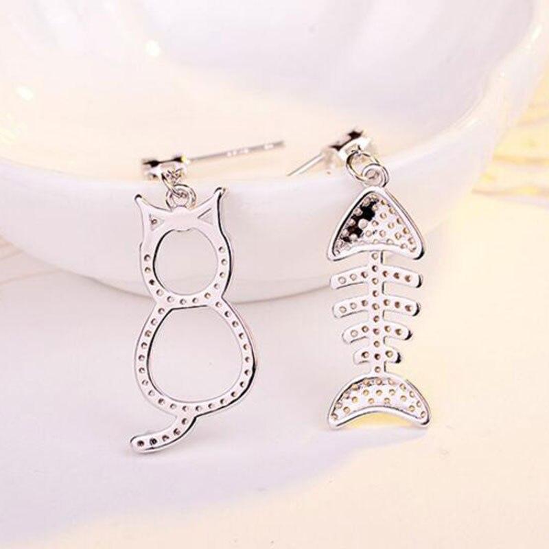 925 Sterling Silver Cute Asymmetric Mosaic Zirconia Cat Fish Long Tassel Earrings for Women Statement Jewelry S-E390