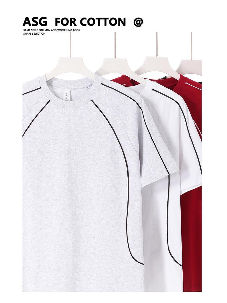 Summer Raglan Color Block Short Sleeve T-Shirt, Trendy American High Street Brand, 250g Pure Cotton, Loose Casual Fit