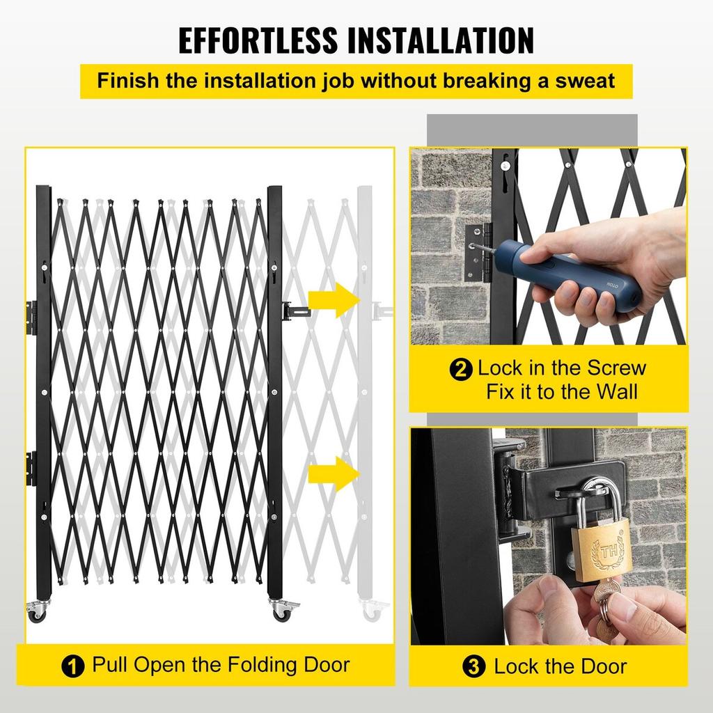 Single Folding Security Gate, 48" H X 71" W Folding Door Gate, Steel Accordion Security Gate, Flexible Expanding Security Gate, 360° Rolling Barricade