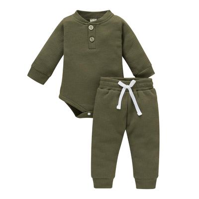 Two Piece Baby 's Clothes Fashion Solid Color Waffle Button Long Sleeve Romper and Tie-up Trousers