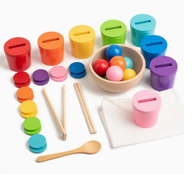 Children's New Puzzle Fun 12 Color Ball And Cup Color Classification Wooden Toy Clip Beads Color Cognitive Matching
