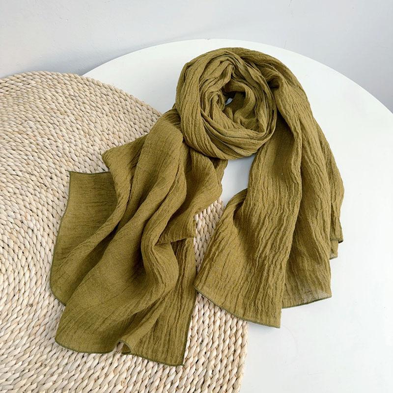 Solid Color Retro Pleated Olive Green Pleated Linen Scarf Japanese Women'S Scarf Beach Sun Protection Large Shawl