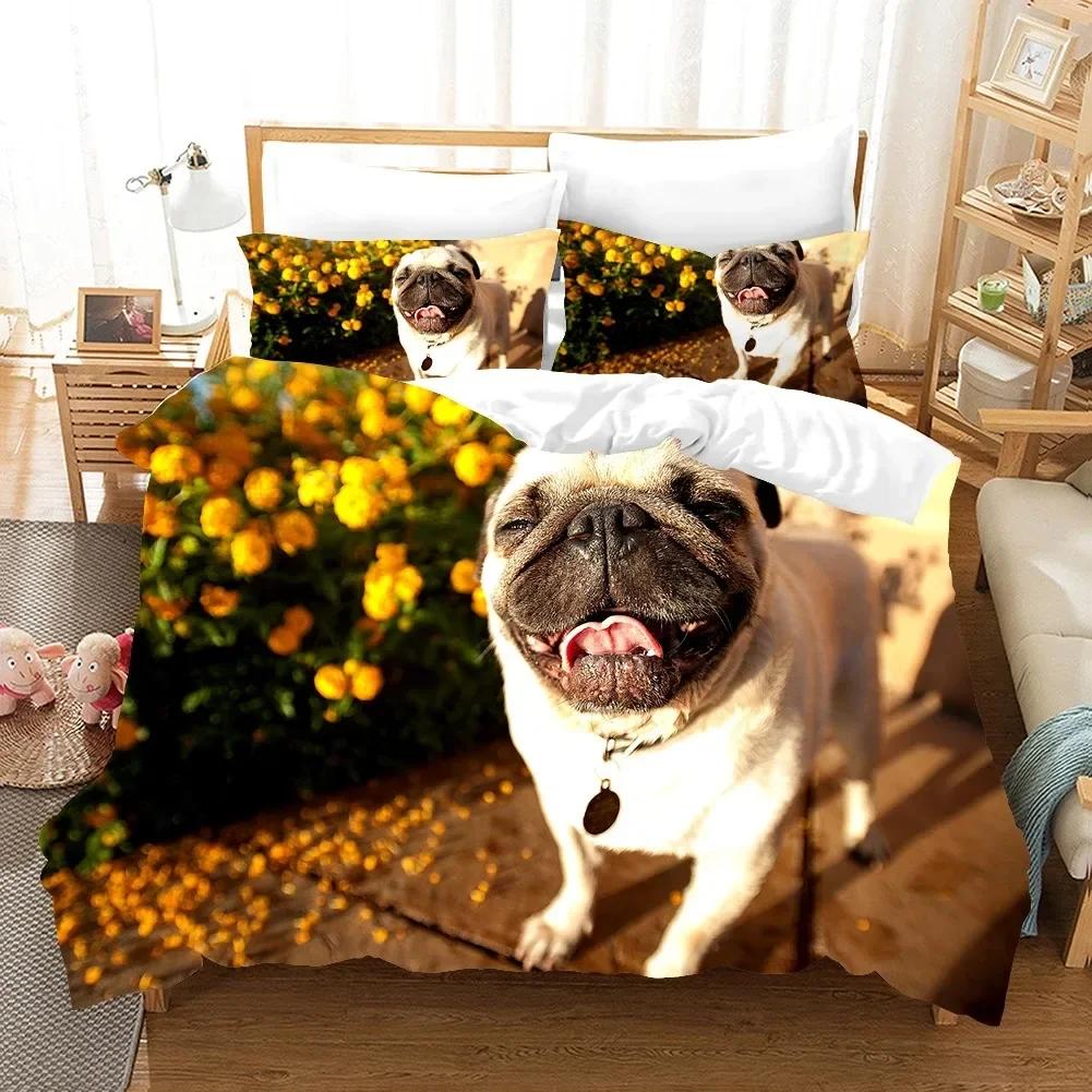 Lovely Pug Dog Animal Happy Dogs Comfortable Duvet Quilt Cover Pillowcase Bedding Set Children Bedroom Decoration Home Textile