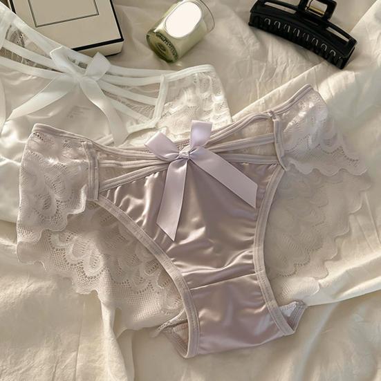 Women Sexy Lace Satin Panties Mid Waist Silky Underwear with Bow Lady Seamless Briefs Invisible Bikini Underwear