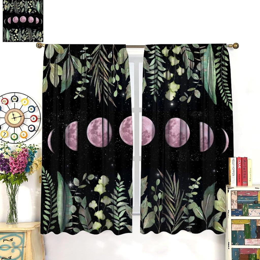 Boho Moon Decor Curtains,Magic Moons and Stars Boho Pattern for Home Kitchen Restaurant Decoration Window Curtain 2Panel