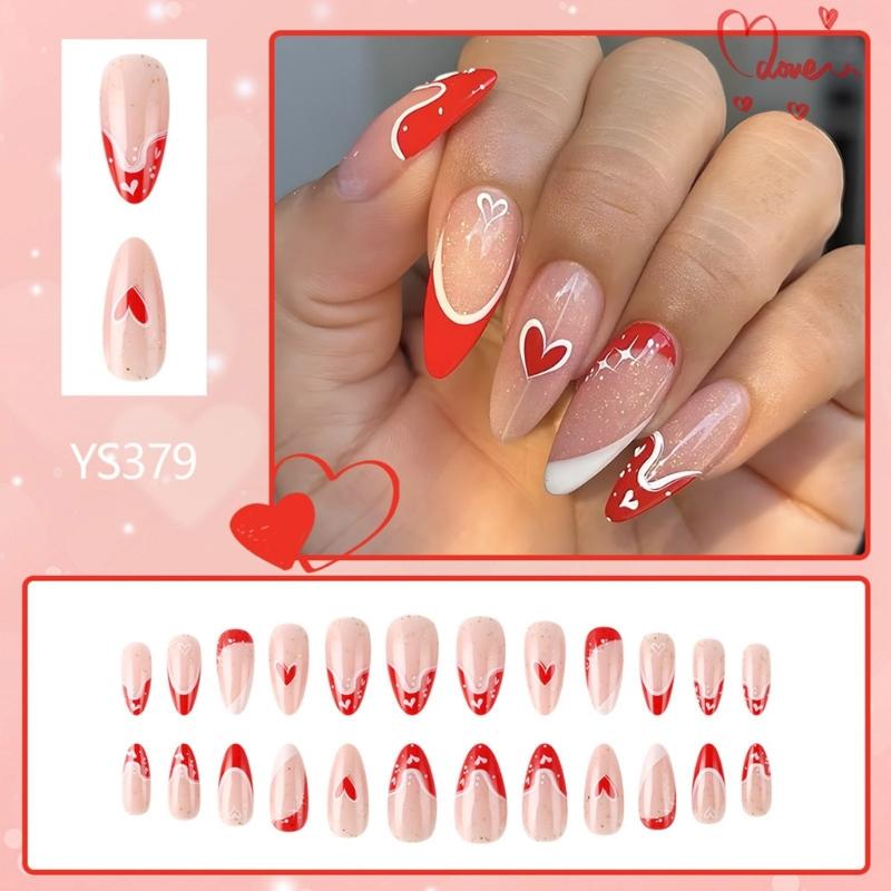 24 Buc. Unghii False Franceze de Ziua Îndrăgostiților, Lungi, în Formă de Migdală, Acoperire Completă, Unghii Artificiale, Lucioase, Autocolante, cu Design de Inimă