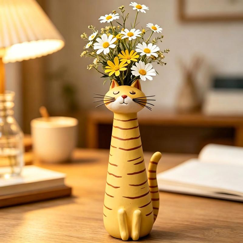 Cat Shaped Resin Vase Cute 1PC Long Neck Cat Animal Ornament Flower Pot Perfect for Living Room Shelf