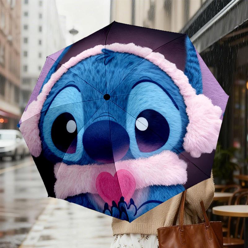 1pc Stitch Heart Automatic Folding Umbrella, Heavy Duty 8 Rib Iron Frame,  Suitable for Travel, Daily Use, Birthday, Decor Gift M0104051