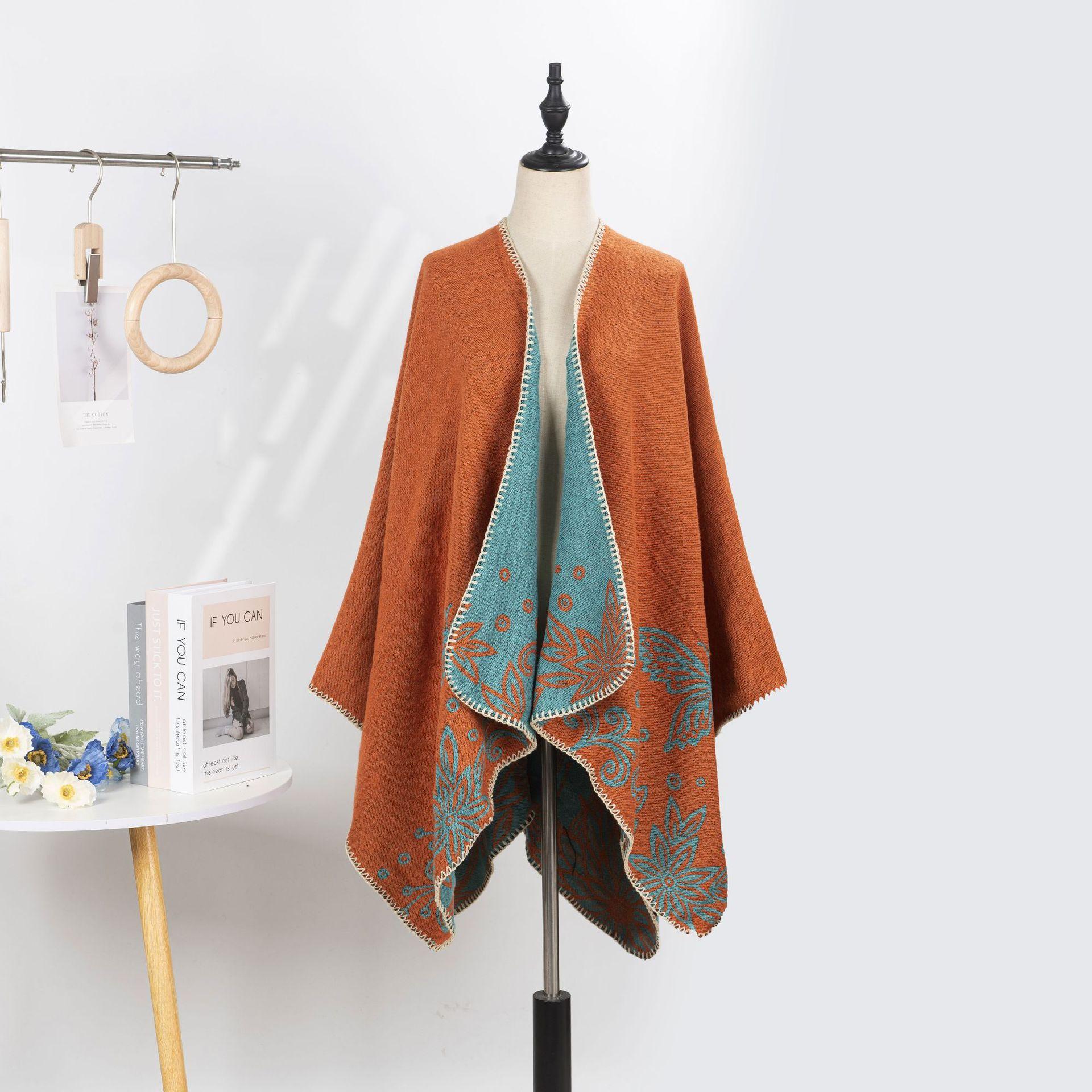 

Двусторонний плащ, шаль с этническим узором, одежда высокого класса, женская одежда, теплая шаль-куртка с обеих сторон 131*150CM оранжевый