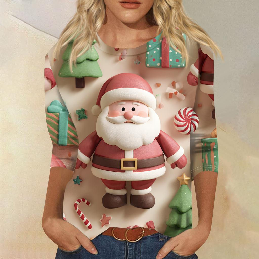 Women's Fashion Casual Round Neck Three-quarter Sleeve Christmas Print T-shirt Top