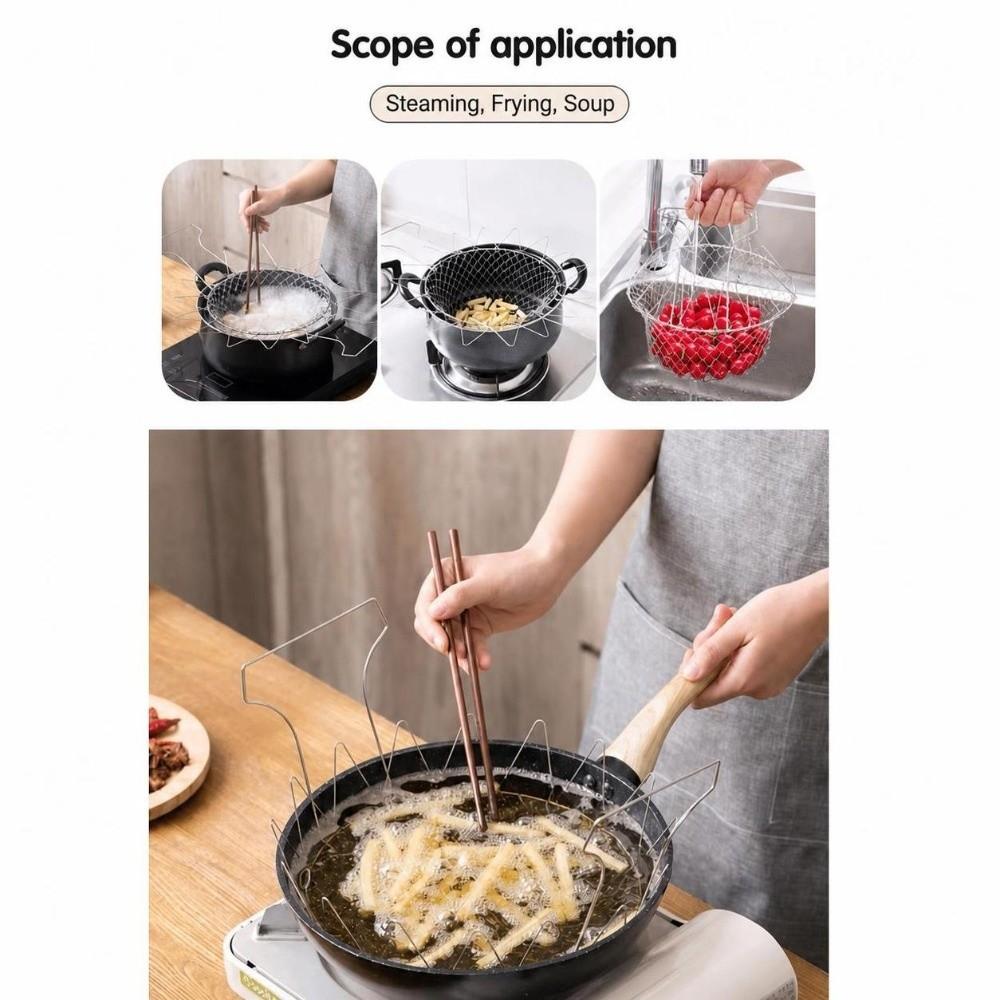 Silver Deep Fry Basket Foldable Design Fry Basket  Frying Foods Washing Fruits Boiling