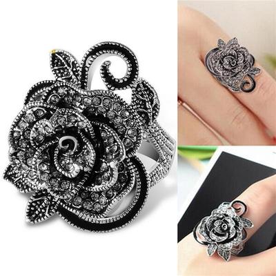 Women Retro Rose Flower Ring Black Crystal Vantige Big Flower Rings Jewelry Gift