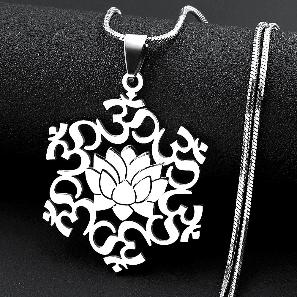Hindu Buddhist Lotus Stainless Steel OM Symbol Necklace for Women Men Gold Silver Color Spiritual Snake Chain Necklace Jewelry