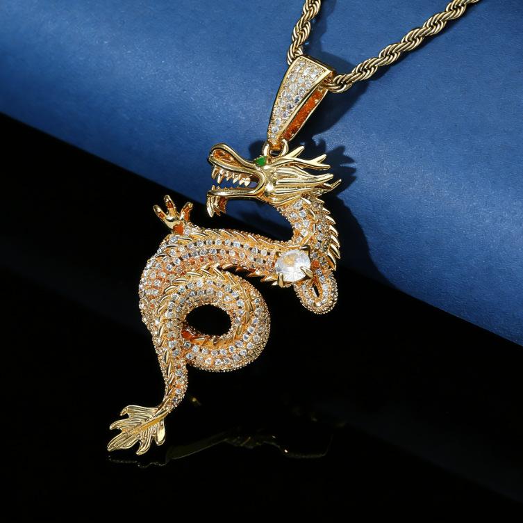 Hip Hop Zodiac Dragon Pendant Copper Inlaid Zircon Full Diamond Inlaid American High Street Men'S Twist Chain