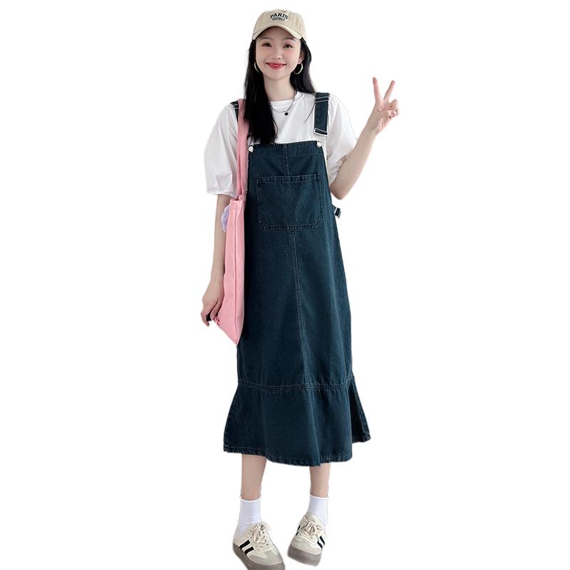 2026 Summer Chic Mermaid Denim Maternity Overall Dress with Patchwork T-Shirt