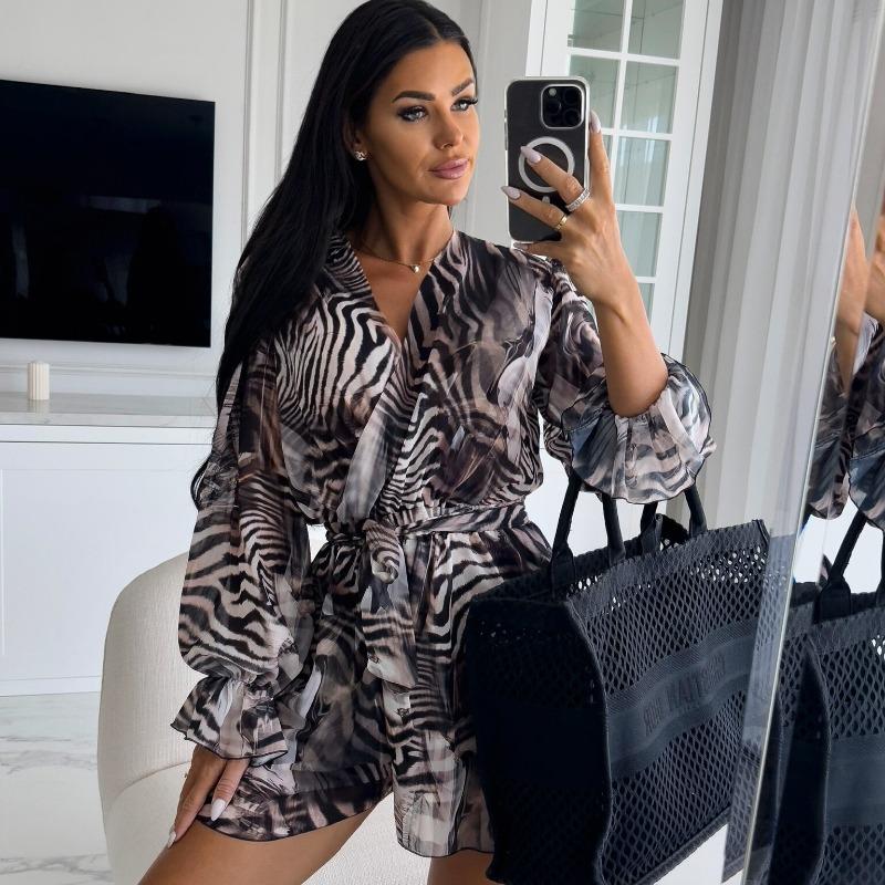 Neue Mode Vintage Puffärmel Print Floral Jumpsuits Damen Elegant Slim Fit Casual Damen Strampler V-Ausschnitt Schnürung Bürodame Sommer Bodys 26160