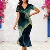 Women Plus Size V Neck Short Sleeve Colorful Printed Fitted Fishtail Dress